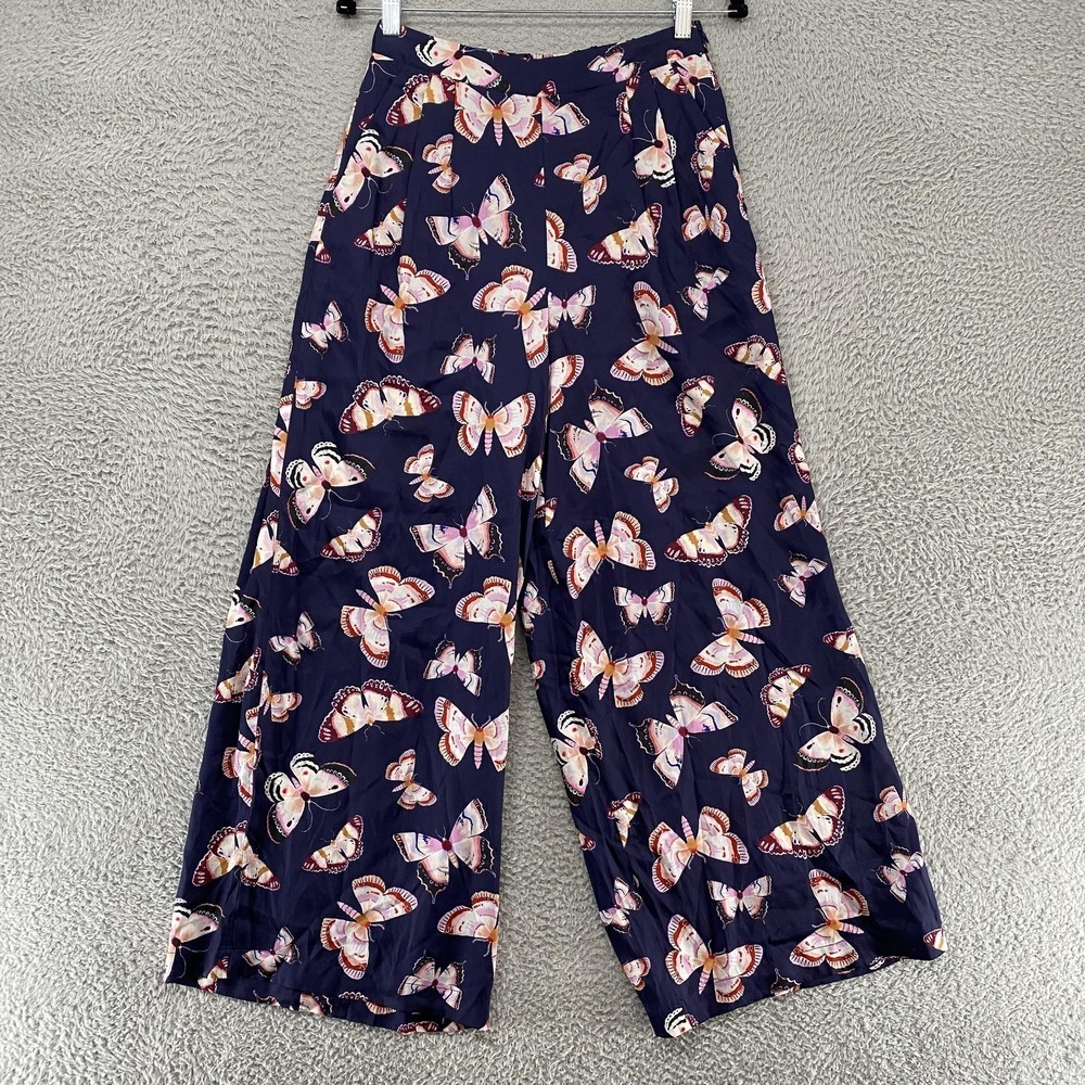 Gorman Pants Womens Medium Blue Butterfly Print Wide Leg Ankle Summer